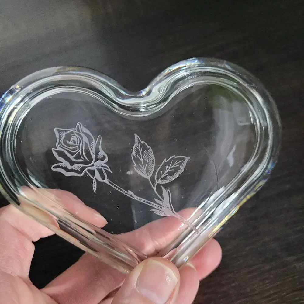 Heart Shaped Clear Glass Trinket Dish with Etched Rose Design, 4 Inches Wide